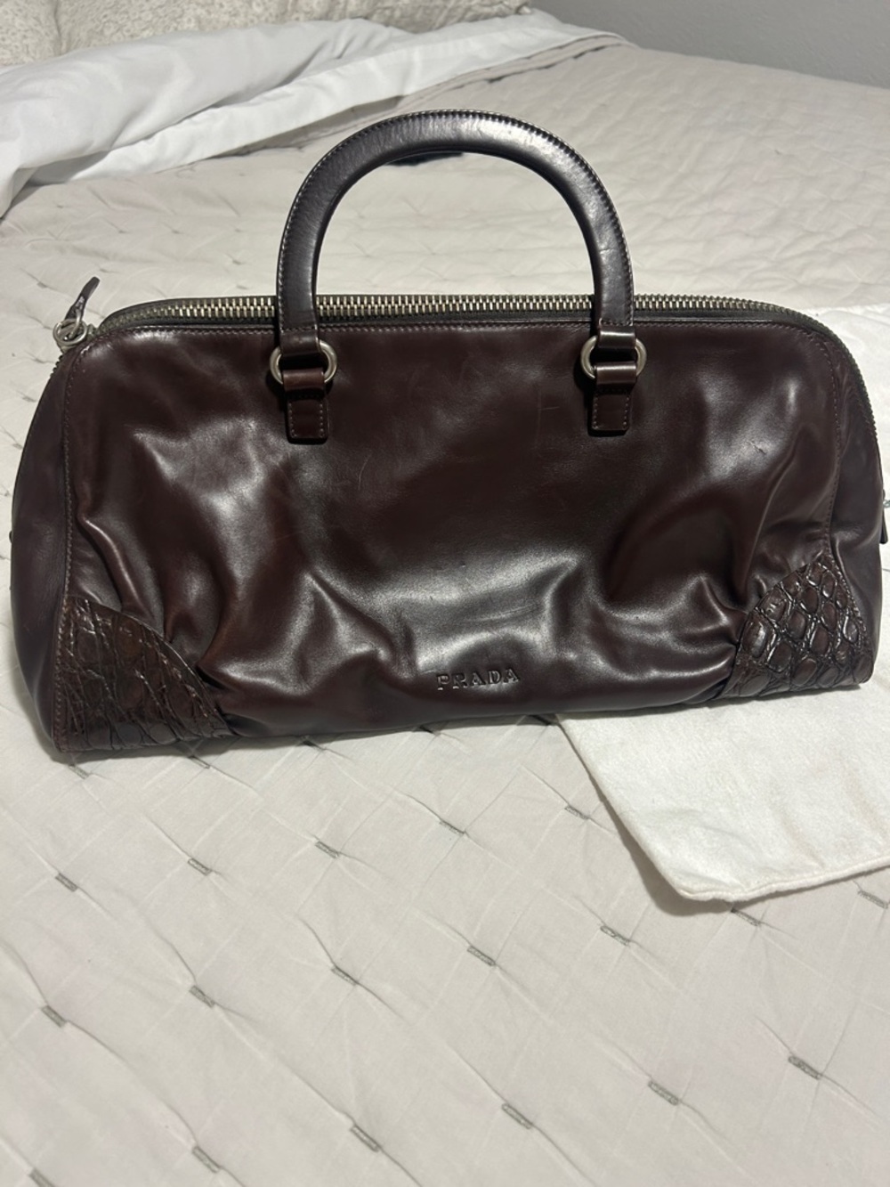 Prada Dark Brown Leather Doctor Bag with croc embossed trim